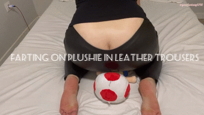 Farting on plushie in leather trousers