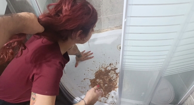 Submissive teen vomiting much in the shower